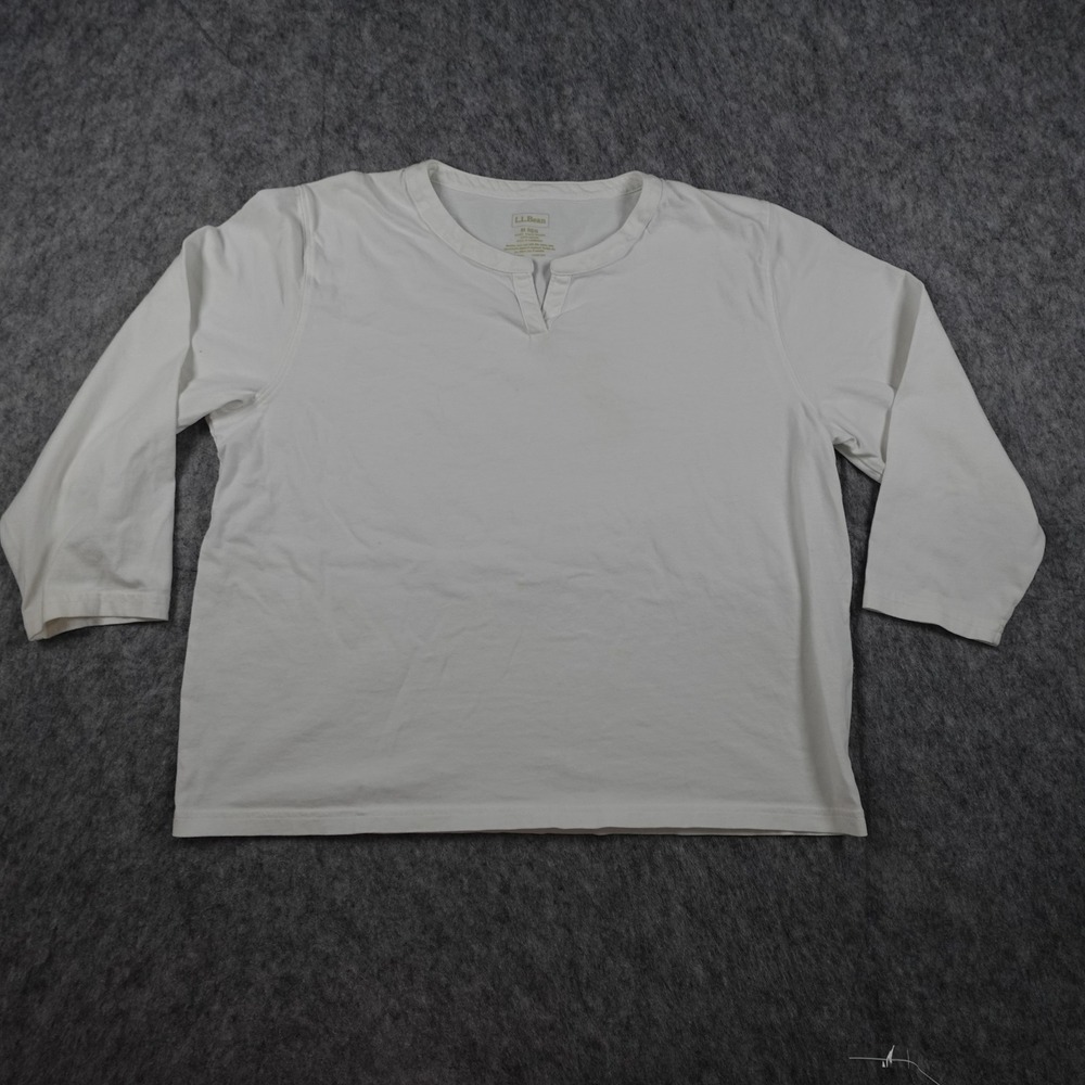 LL Bean Top Womens Medium White Cotton 3/4 Sleeve Split Neck Pullover Casual